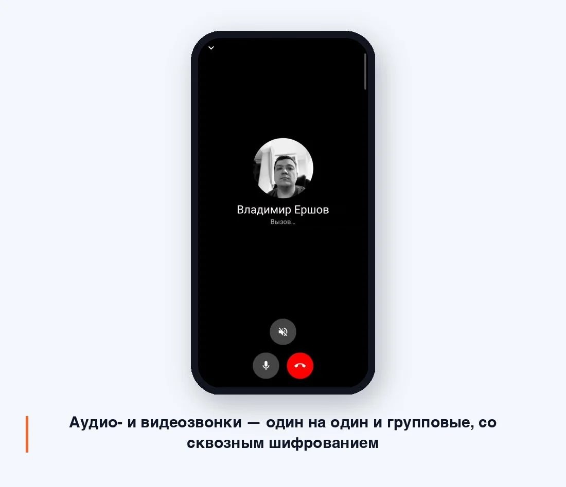 Аудио- и видеозвонки — один на один и групповые, со сквозным шифрованием